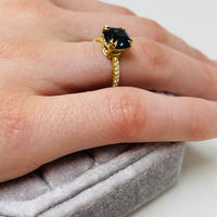18K Yellow Gold Cushion Cut Peacock Blue Spinel Engagement Ring on Model