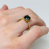 On Model 18K Yellow Gold Cushion Cut Peacock Blue Spinel Engagement Ring