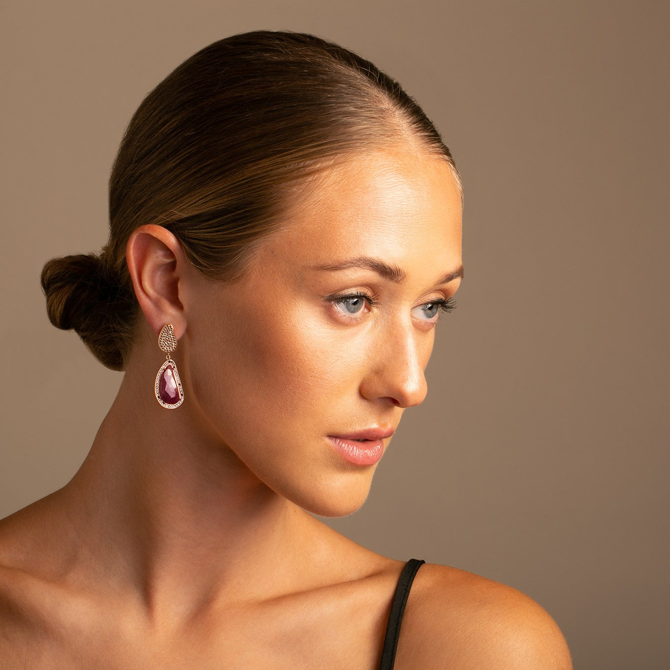 Side Profile 14k Rose Gold Ruby Slice and Black Diamond Drop Earrings on Model - Thomas Laine Jewelry