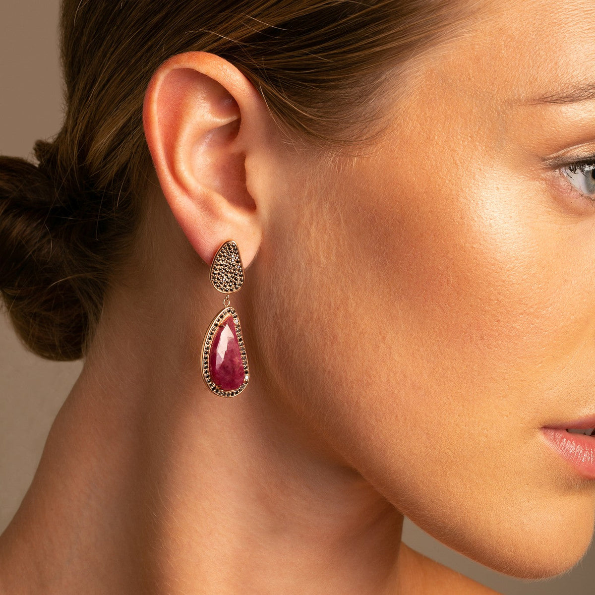 14k Rose Gold Ruby Slice and Black Diamond Drop Earrings on model - Thomas Laine Jewelry