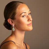 14K White Gold Opal and Diamond Drop Earrings on model Thomas Laine Jewelry