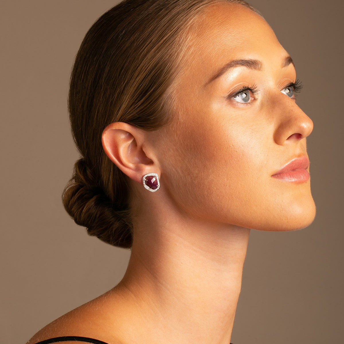 18K White Gold Ruby Slice Diamond Stud Earrings on model - Thomas Laine Jewelry