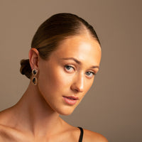 18K Yellow Gold Blue and Cognac Sapphire Slice Earrings on Model Each earring features a stunning slice of natural blue and cognac sapphire - Thomas Laine Jewelry
