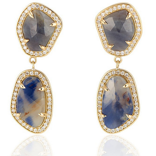 18K Yellow Gold Blue and Cognac Sapphire Slice Earrings - Thomas Laine Jewelry