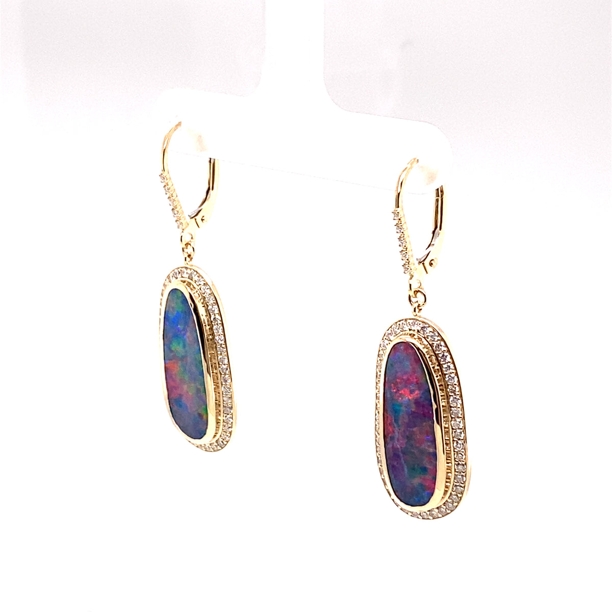 Stunning One of A Kind 14K Yellow Gold Australian Boulder Opal Diamond Earrings.