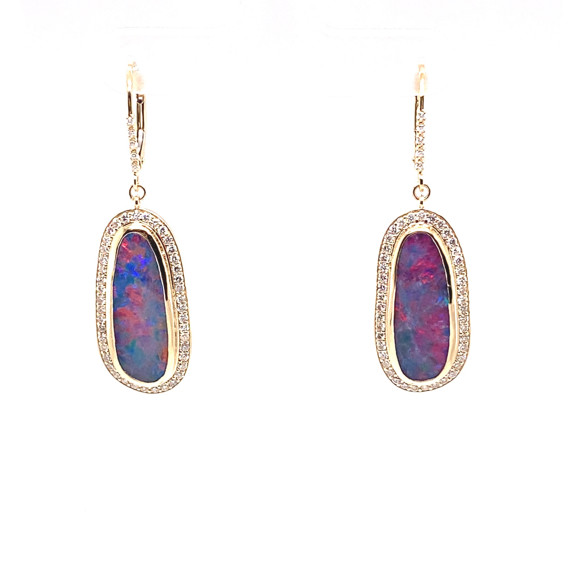 Stunning One of A Kind 14K Yellow Gold Australian Boulder Opal Diamond Earrings.