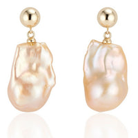 Double Bubble Design features a hollow 7.5mm 14k Yellow Gold Shiny ball with a natural golden hue baroque pearl drop.