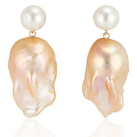 White Round Pearl & Golden Baroque Pearl Drop Earrings