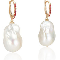 14K Gold Baroque Pearl and Flame Orange Sapphire Drop Earrings - Thomas Laine Jewelry