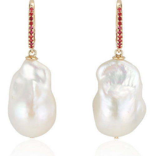 14K Gold Baroque Pearl and Flame Orange Sapphire Earrings - Thomas Laine Jewelry