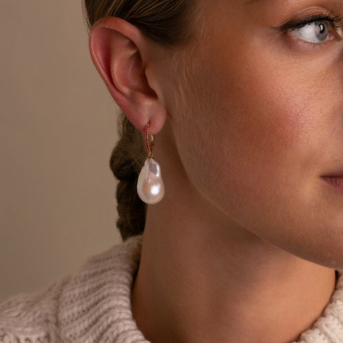 14K Gold Baroque Pearl and Flame Orange Sapphire Earrings - Thomas Laine Jewelry