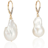 14 Karat Yellow Gold Baroque Pearl and Blue Sapphire Drop Earrings