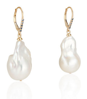 14 Karat Yellow Gold Baroque Pearl and Blue Sapphire Drop Earrings