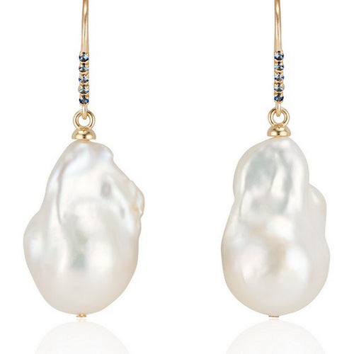 14K Gold Baroque Pearl and Blue Sapphire Drop Earrings - Thomas Laine Jewelry