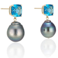 14k Yellow Gold with London Blue Topaz and Green Baroque Pearl Drop Earrings - Thomas Laine Jewelry