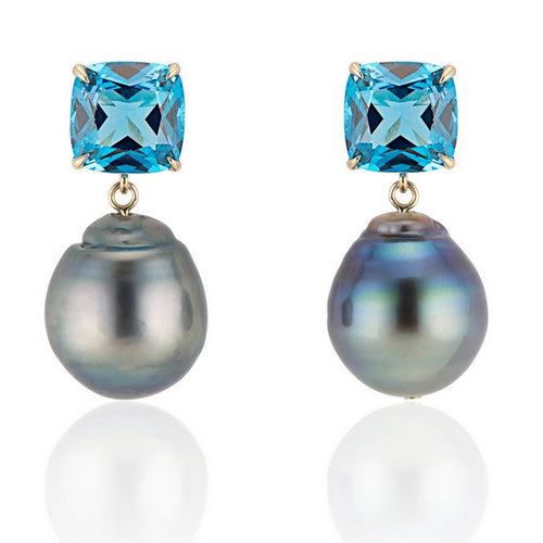London Blue Topaz Green Baroque Pearl Earrings - Thomas Laine Jewelry