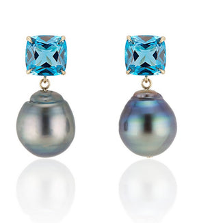 London Blue Topaz Green Baroque Pearl Earrings - Thomas Laine Jewelry