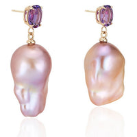 14K Yellow Gold Amethyst Natural Pink Baroque Pearl Earrings - Thomas Laine Jewelry