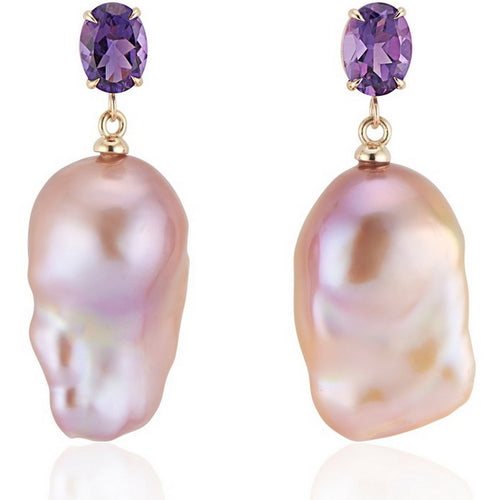 Amethyst Natural Pink Baroque Pearl Earrings - Thomas Laine Jewelry