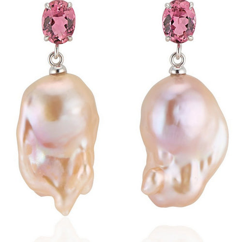 Pink Tourmaline with Natural Pink Baroque Pearl Earrings - Thomas Laine Jewelry