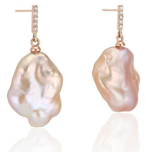 Vertical Gold Diamond Bar Baroque Pearl Earrings - Thomas Laine Jewelry