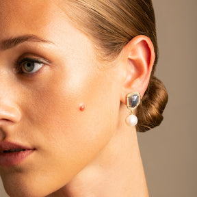 Blue Sapphire and Pearl Drop Earring on model