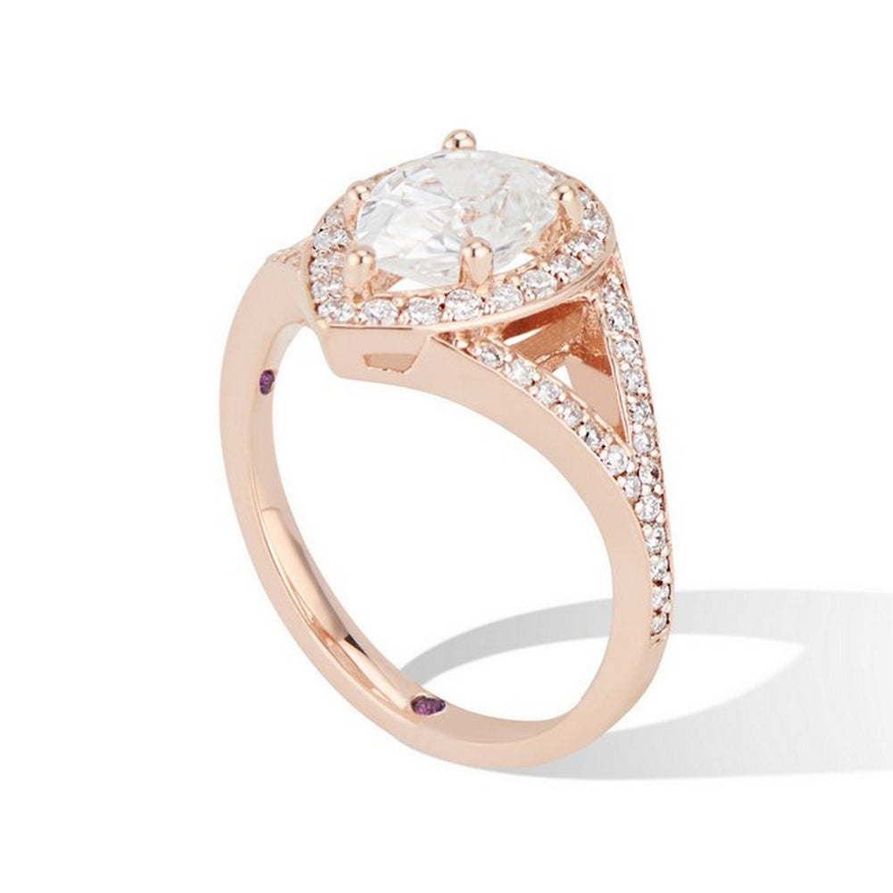 14K Rose Gold Split Shank Pear Cut Moissanite Engagement RIng - Thomas Laine Jewelry