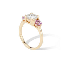 Three Stone Ring - Cushion cut Moissanite and Pink Sapphire Ring