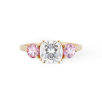 Three Stone Engagement Ring - 1.5 carat cushion cut Moissanite with Natural Pink Sapphire side stones
