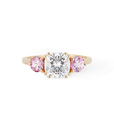 Three Stone Engagement Ring - 1.5 carat cushion cut Moissanite with Natural Pink Sapphire side stones