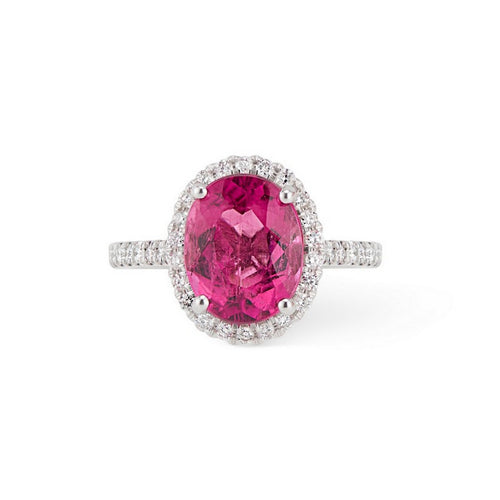 14K White Gold  Oval Pink Tourmaline Diamond Halo Ring - Engagement Ring