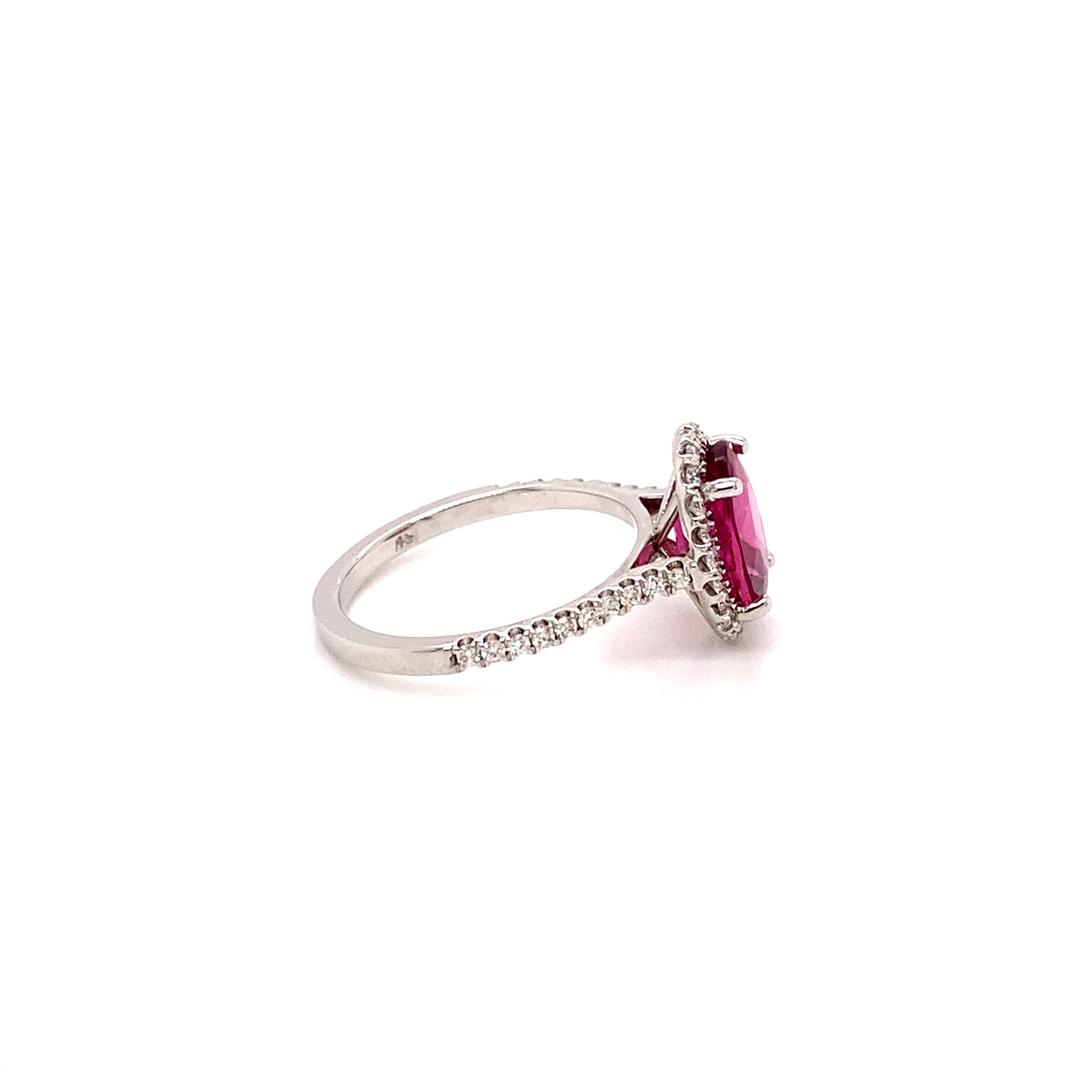 side profile 14K White Gold  Oval Pink Tourmaline Diamond Halo Ring