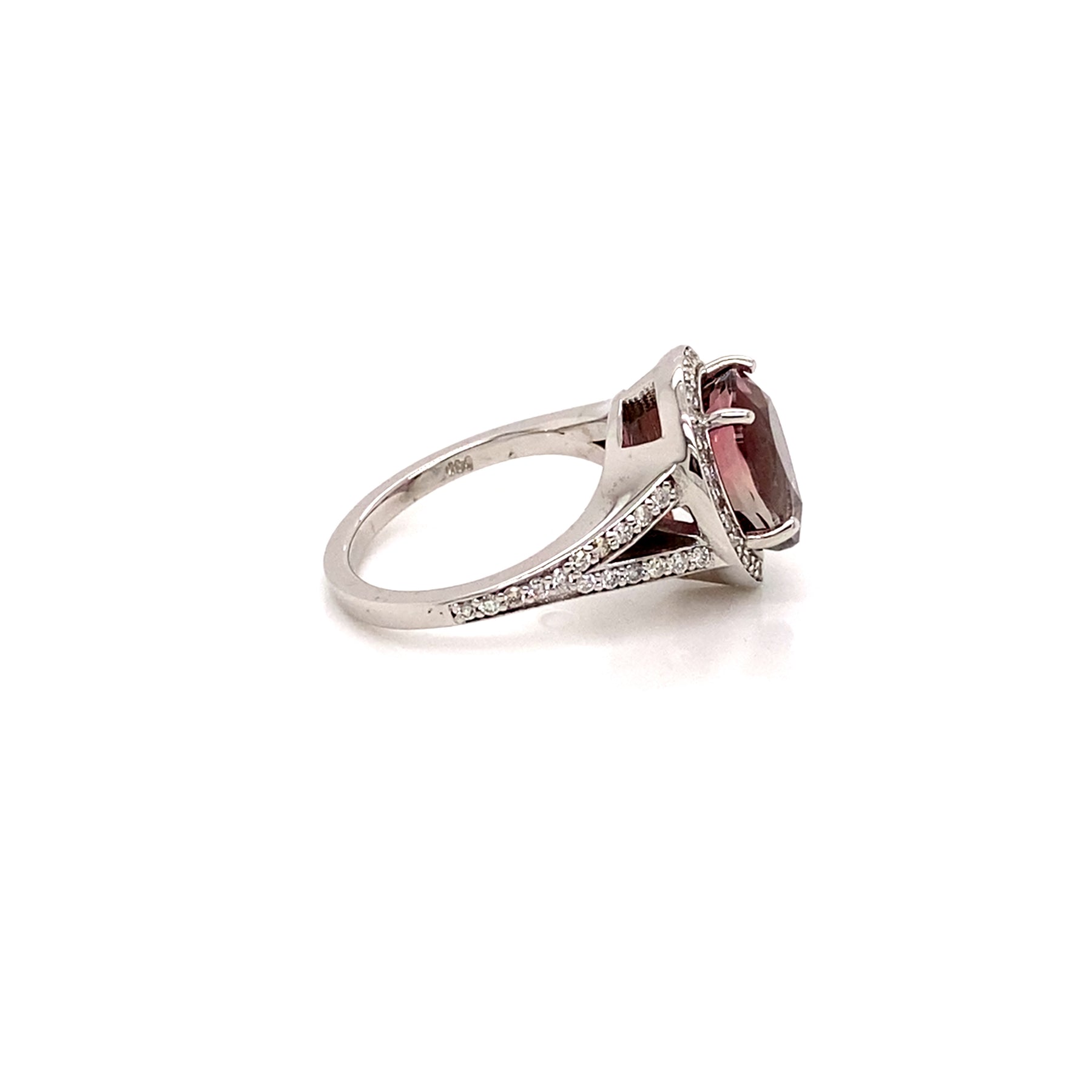 side profile 14K White Gold Split Shank Pear Cut Pink Tourmaline and Diamond Engagement Ring