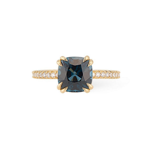 18K Yellow Gold Cushion Cut Peacock Blue Spinel Engagement Ring
