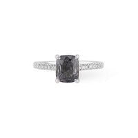 14K white gold cushion cut Smokey grey spinel ring with diamond hidden halo and diamond accented band.
