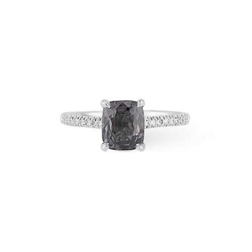 14K white gold cushion cut Smokey grey spinel ring with diamond hidden halo and diamond accented band.