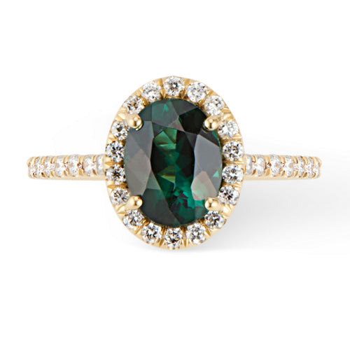 18K Yellow Gold Green Tourmaline Ring with Diamond Halo - Thomas Laine Jewelry