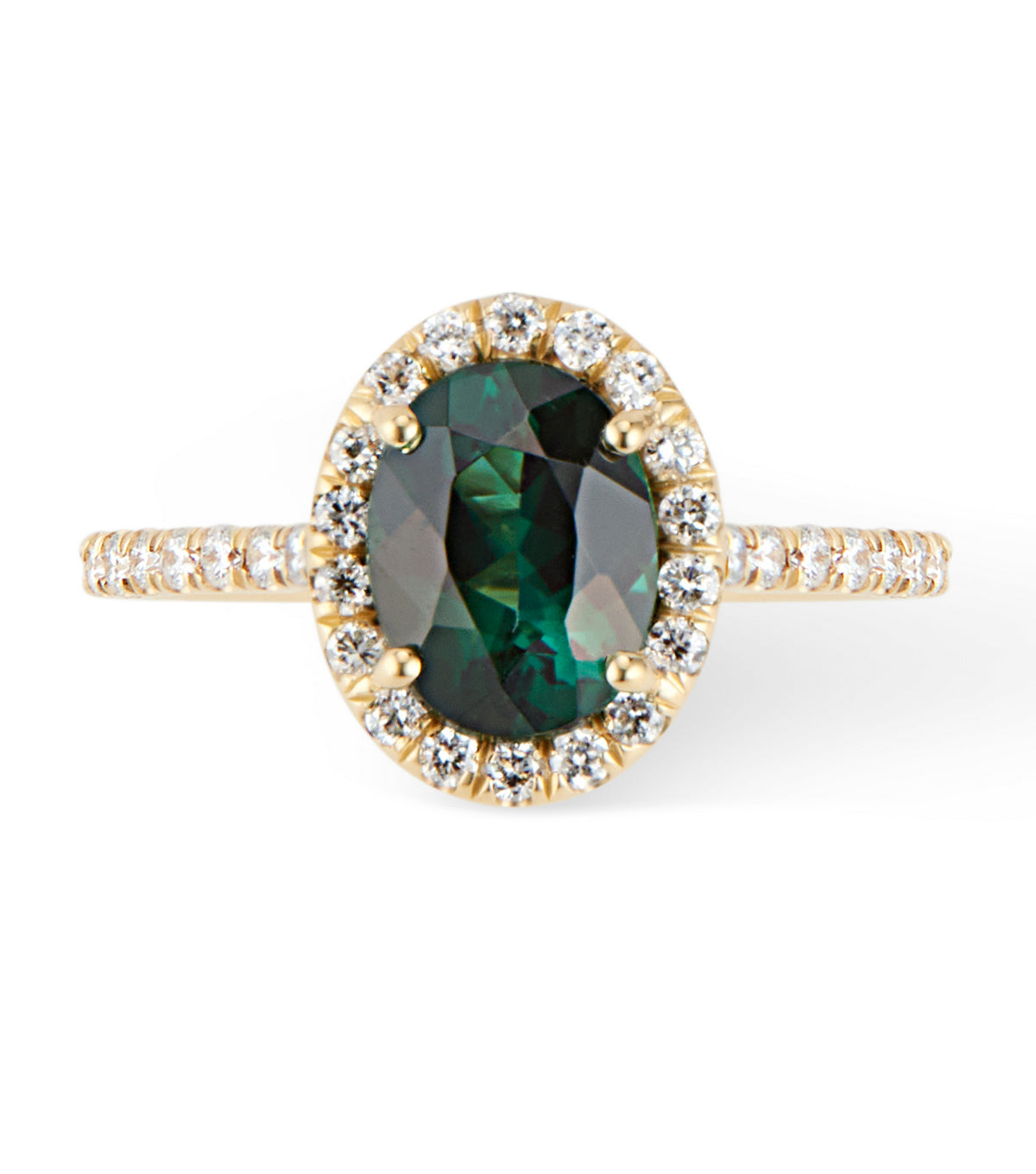 18K Yellow Gold Green Tourmaline Ring with Diamond Halo - Thomas Laine Jewelry