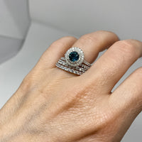 18K White Gold Double Diamond Halo Teal Montana Sapphire Ring on Model