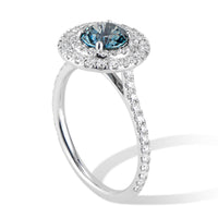 18K White Gold Double Diamond Halo Montana Sapphire Ring - Side Profile Thomas Laine Jewelry
