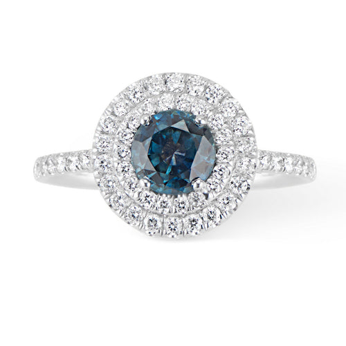18K White Gold Double Diamond Halo Montana Sapphire Ring - Thomas Laine Jewelry