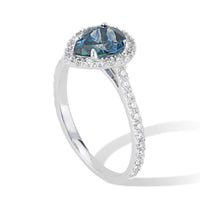 18K White Gold Diamond Halo Teardrop Montana Sapphire Ring - Thomas Laine Jewelry
