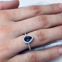 18K White Gold Diamond Halo Teardrop Montana Sapphire Ring - Thomas Laine Jewelry