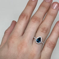18K White Gold Diamond Halo Teardrop Montana Sapphire Ring - on model