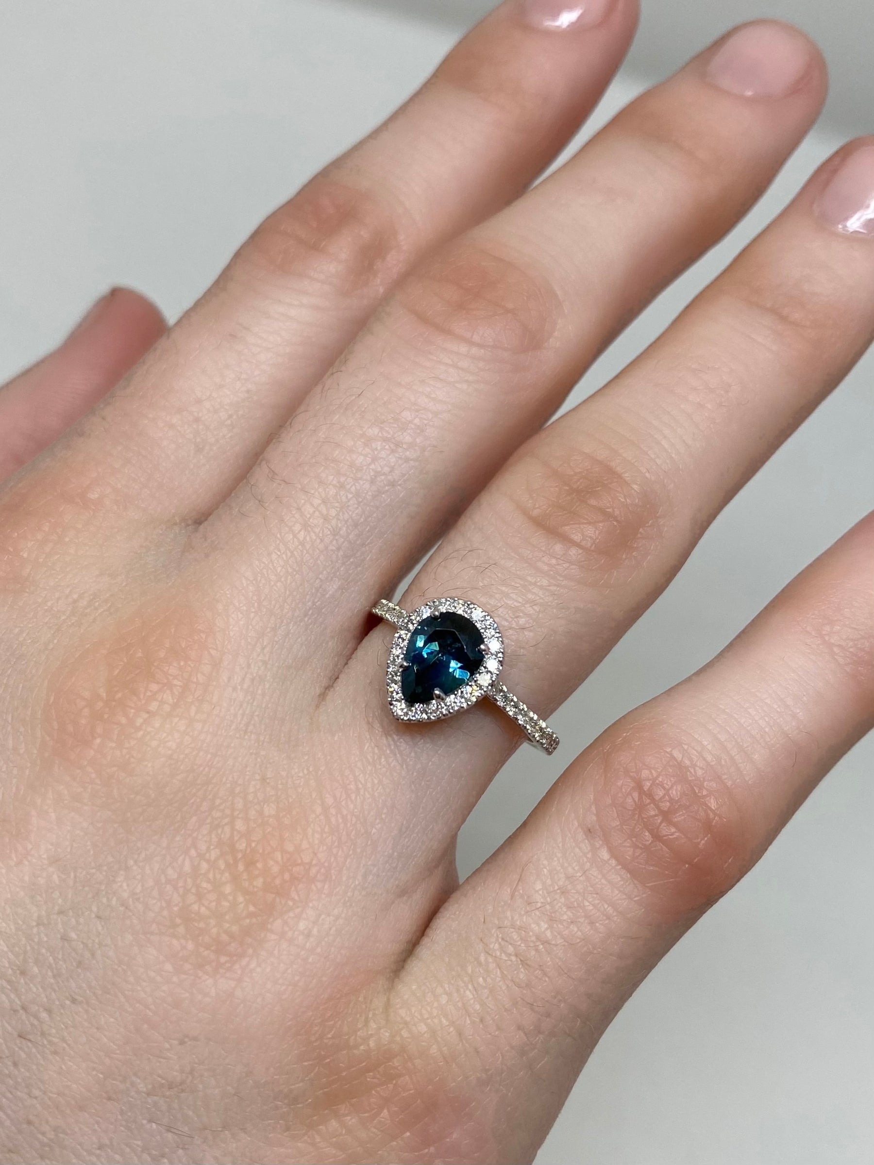 Teal Blue Montana Sapphire - Pear Shaped - Diamond Halo-Alternative Engagement Ring