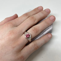 14K White Gold Pink Tourmaline and Diamond Pinky Signet Ring on Right hand 4th Finger - Thomas Laine Jewellery