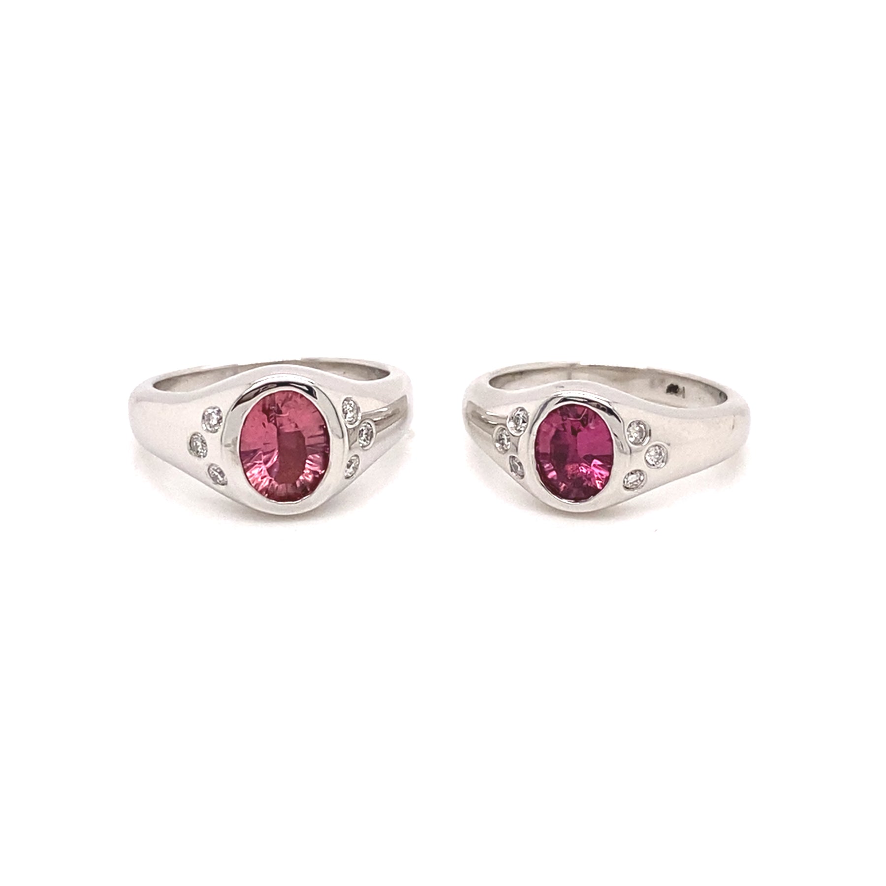 Compare size of  two 14K White Gold Pink Tourmaline and Diamond Pinky Signet RIngs- 8x6mm Oval versus 7xmm oval 