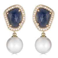 Blue Sapphire and Pearl Drop Earrings - Each earring features a lustrous, 11-13mm freshwater pearl suspended from a mesmerizing blue sapphire slice -TThomas Laine Jewelry