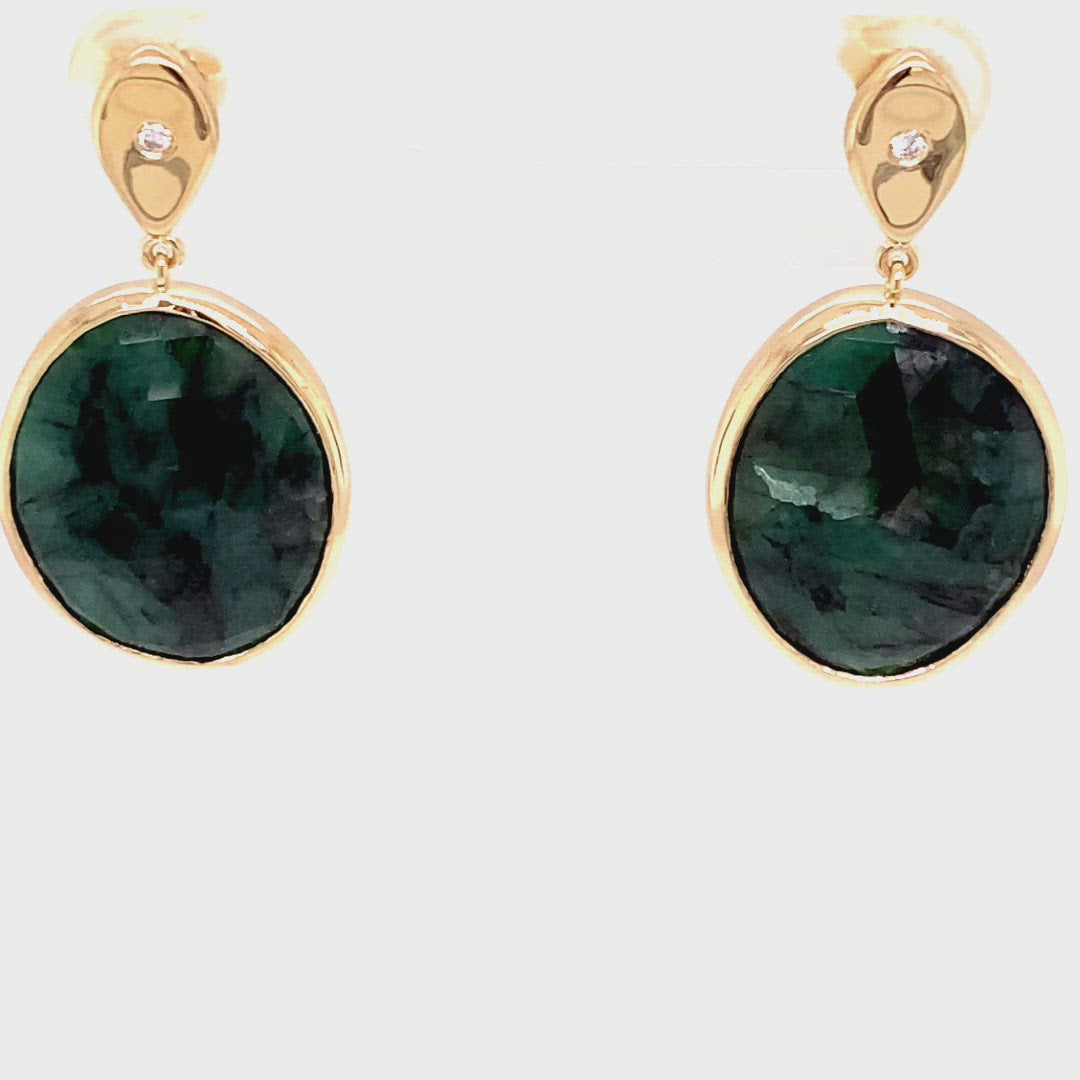Video of One of A Kind 14K Yellow Gold and Diamond Teardrop Oval Emerald Slice Earrings