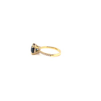 Side Profile showing Hidden Halos 18K Yellow Gold Cushion Cut Peacock Blue Spinel Engagement Ring